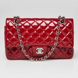 Chanel Red Quilted Patent Leather Classic Medium Double Flap Bag